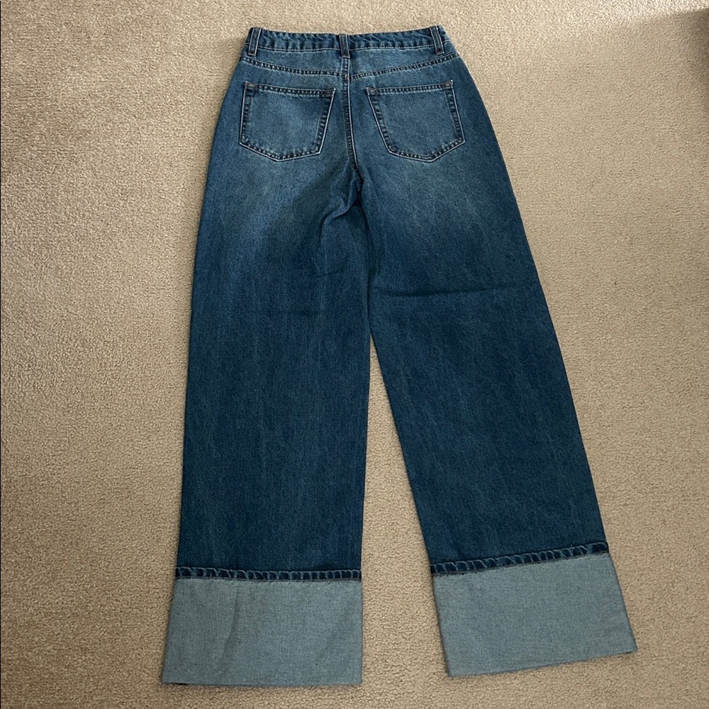 NEW Wide Leg Cuffed Women's Jeans - Dark Blue - Picture 4 of 4